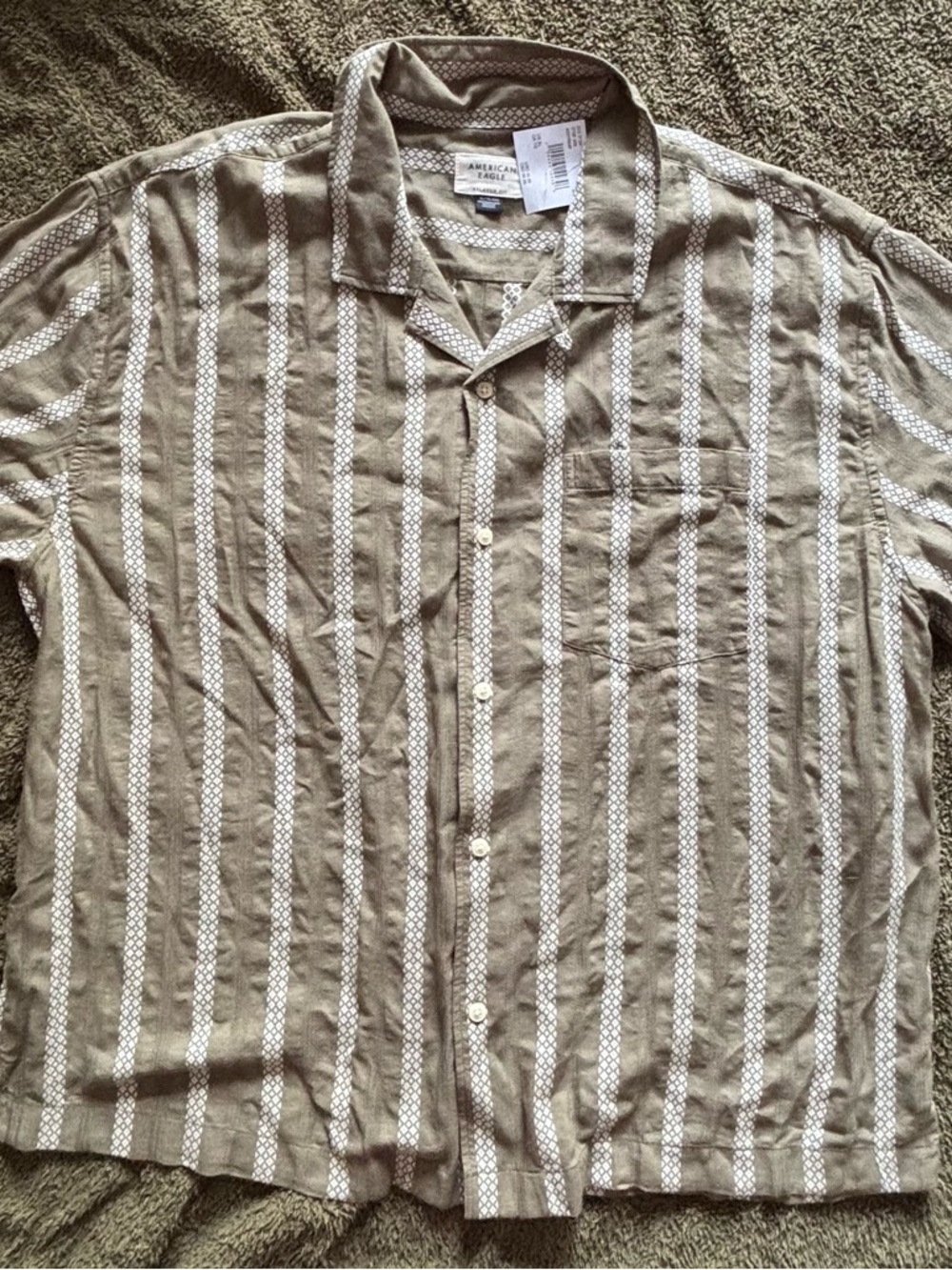 American Eagle Outfitters Olive Green Striped Button-Up Shirt